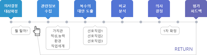 의사결정대상확정 : 뭘할까? → 관련정보수집 : 가치관/적성,능력/환경/직업세계 → 복수의 대안 도출 : 선호직업1/선호직업2/선호직업3 → 비교분석 → 의사결정 : 1차 확정 → 평가피드백 (→ 관련정보수집 단계로 돌아감)